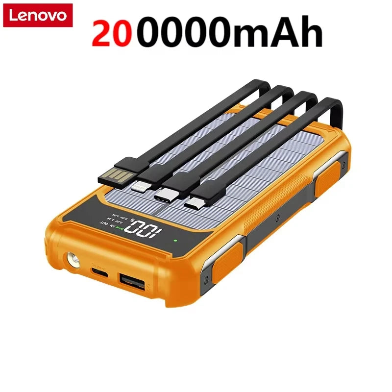 Lenovo 200000mah Ultra Capacity Solar Power Bank 4-in-1 Built In Cable Fast Charging Mobile Power Battery Led Light For Iphone