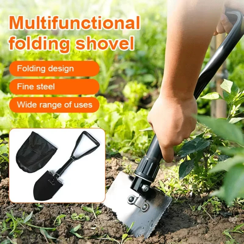 Folding Shovel Multi-Tool with Sawtooth & Pickaxe – Portable Short & Long Handle Carbon Steel Spade for Camping Survival Gardeni