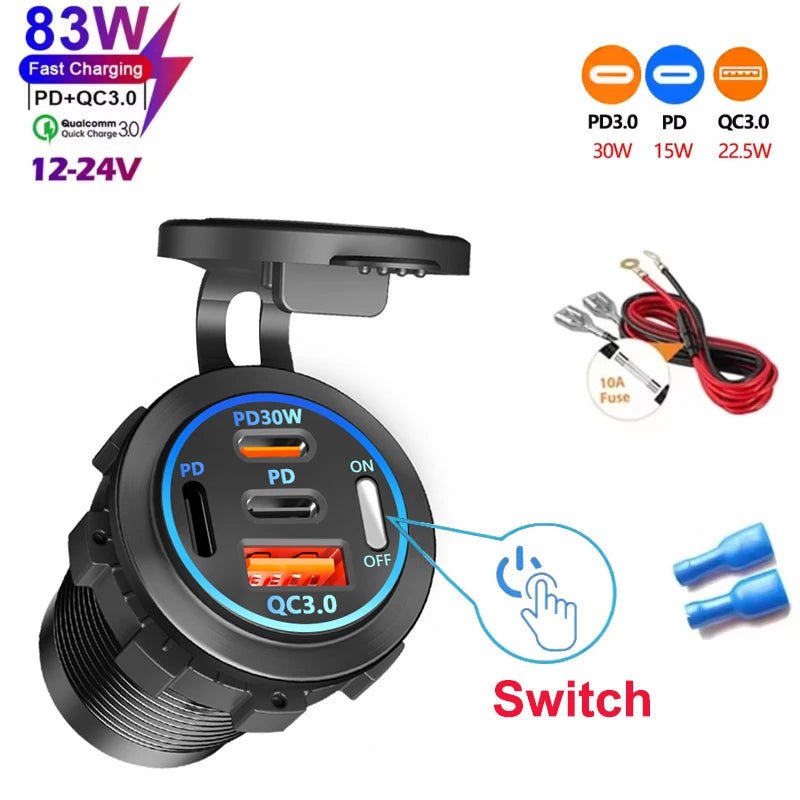 NEW 3/4 Ports Dual PD Dual QC 3.0 USB Car Charger with Voltmeter Socket Power Outlet Adapter Waterproof for 12V/24V Car Boat