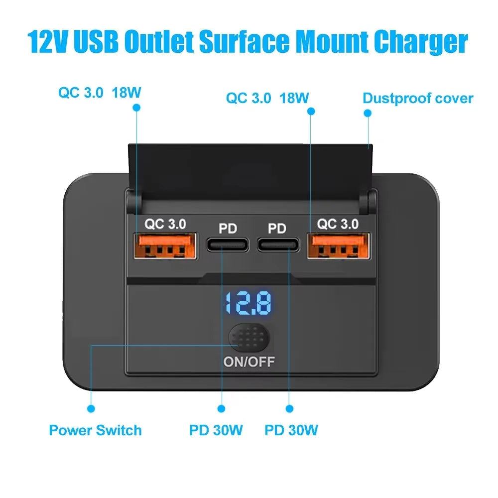 96W Dual PD Dual QC3.0 Type C USB Quick Charger 3.0 with Switch Fast Charging 4 Port Power Panel For Bus 12-24V Car Truck Marine