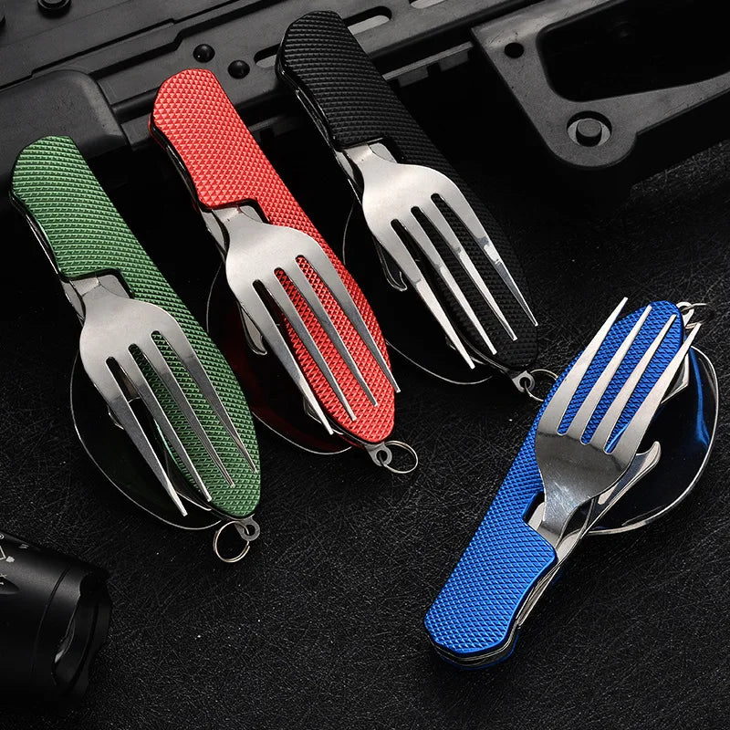 4 in1 Foldable Camping Utensil Set Multi-Functional Knife Fork Spoon Bottle Opener for Outdoor Survival Sports Camping Hiking