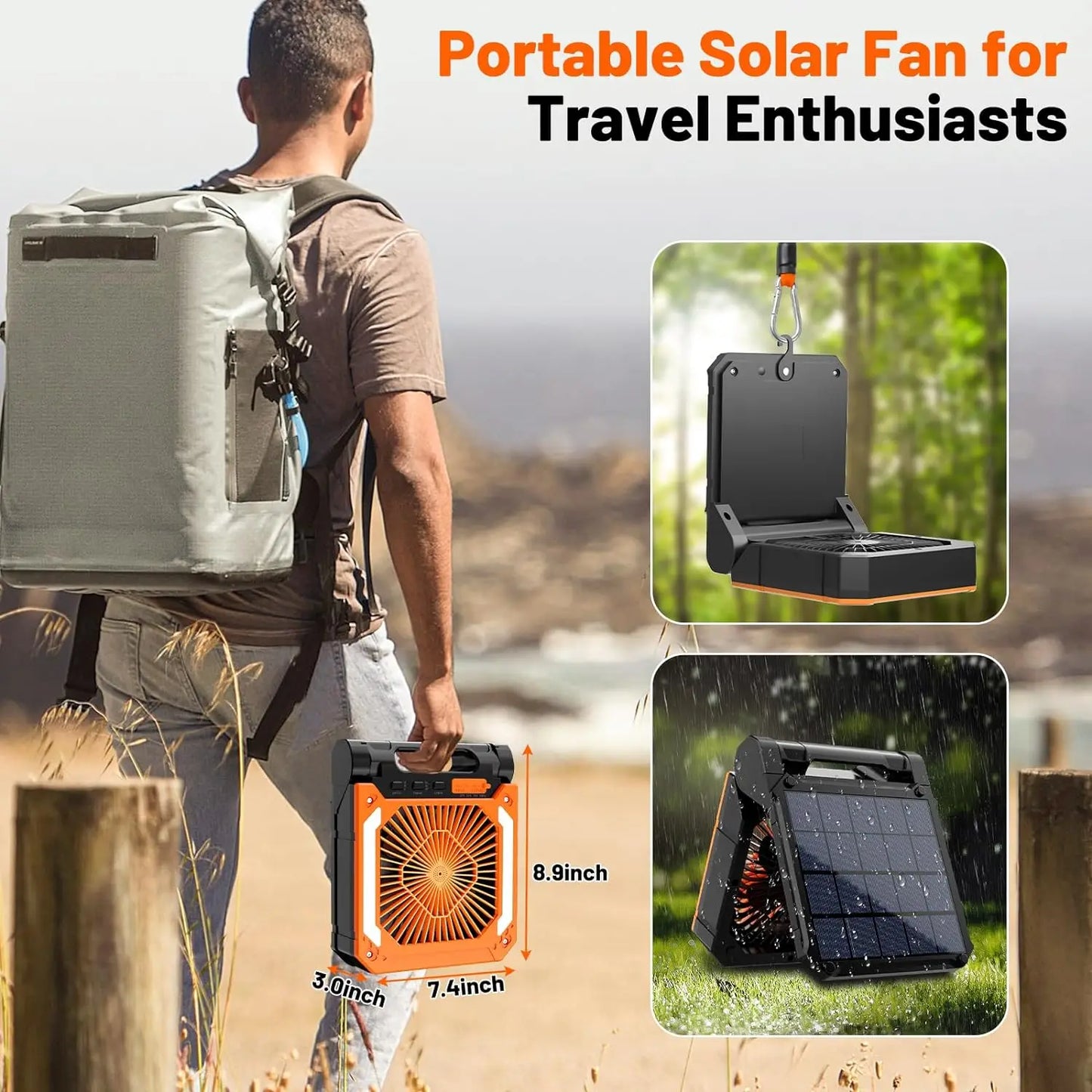 Cordless Portable Electric Fan With Led Light Tent Car Camping Hook&USB&Solar Charging For Hiking Fishing Picnic Emergency