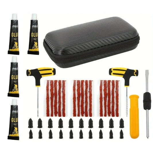 Universal Emergency Tire Repair Kit - Powerful Glue Complete Tools for All Vehicles Car/Motorcycles/Trucks Compact Portable Case