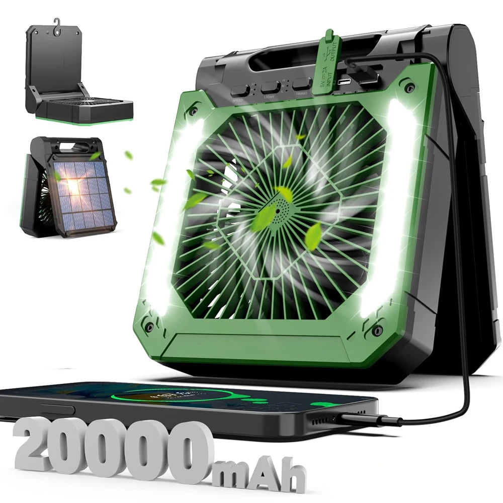 Cordless Portable Electric Fan With Led Light Tent Car Camping Hook&USB&Solar Charging For Hiking Fishing Picnic Emergency