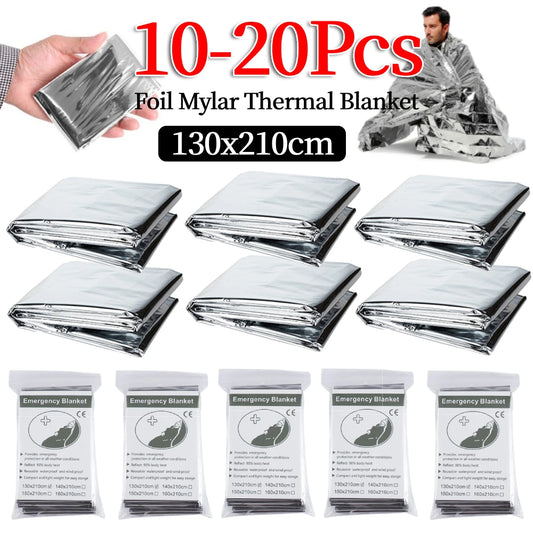 10/20Pcs Foil Mylar Thermal Blanket Waterproof Blankets Keeps You Warm Retain Body Heat Emergency Supplies for Outdoors Camping