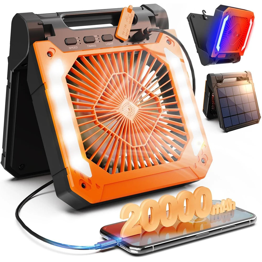 Cordless Portable Electric Fan With Led Light Tent Car Camping Hook&USB&Solar Charging For Hiking Fishing Picnic Emergency