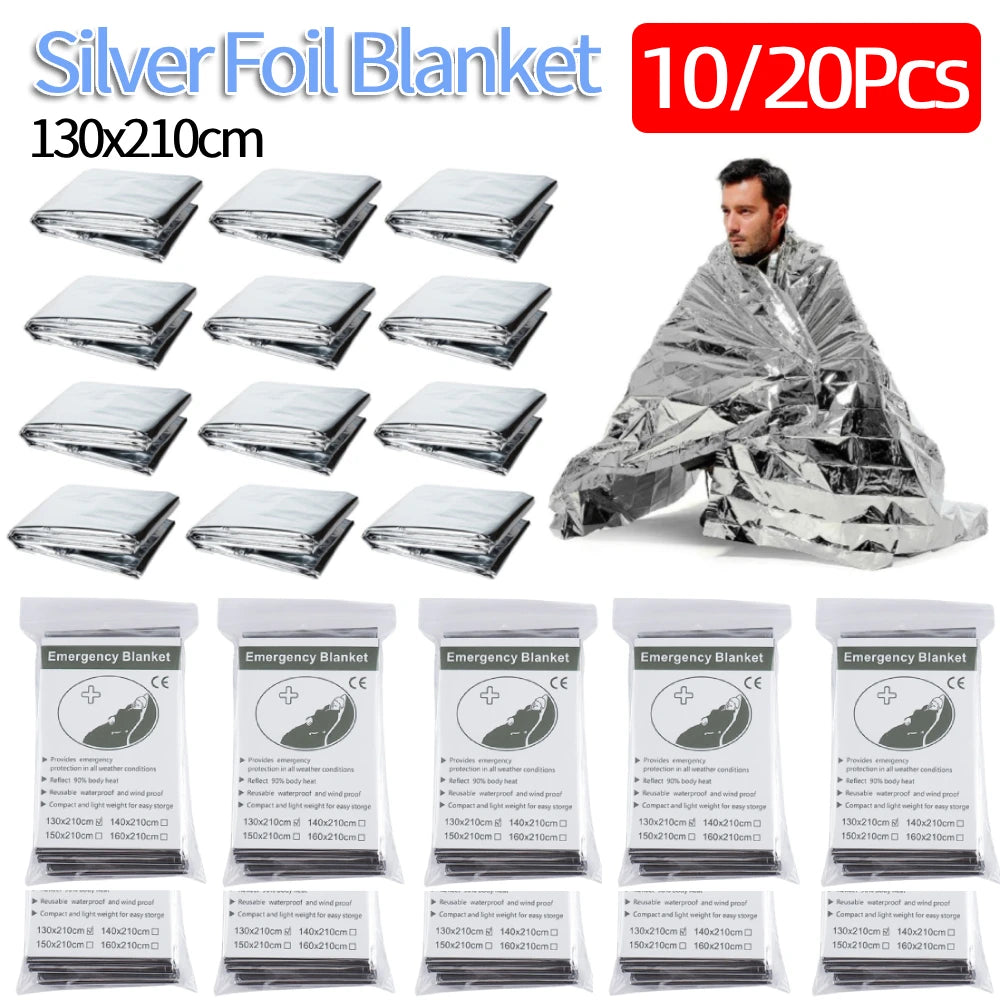 10/20Pcs Foil Mylar Thermal Blanket Waterproof Blankets Keeps You Warm Retain Body Heat Emergency Supplies for Outdoors Camping