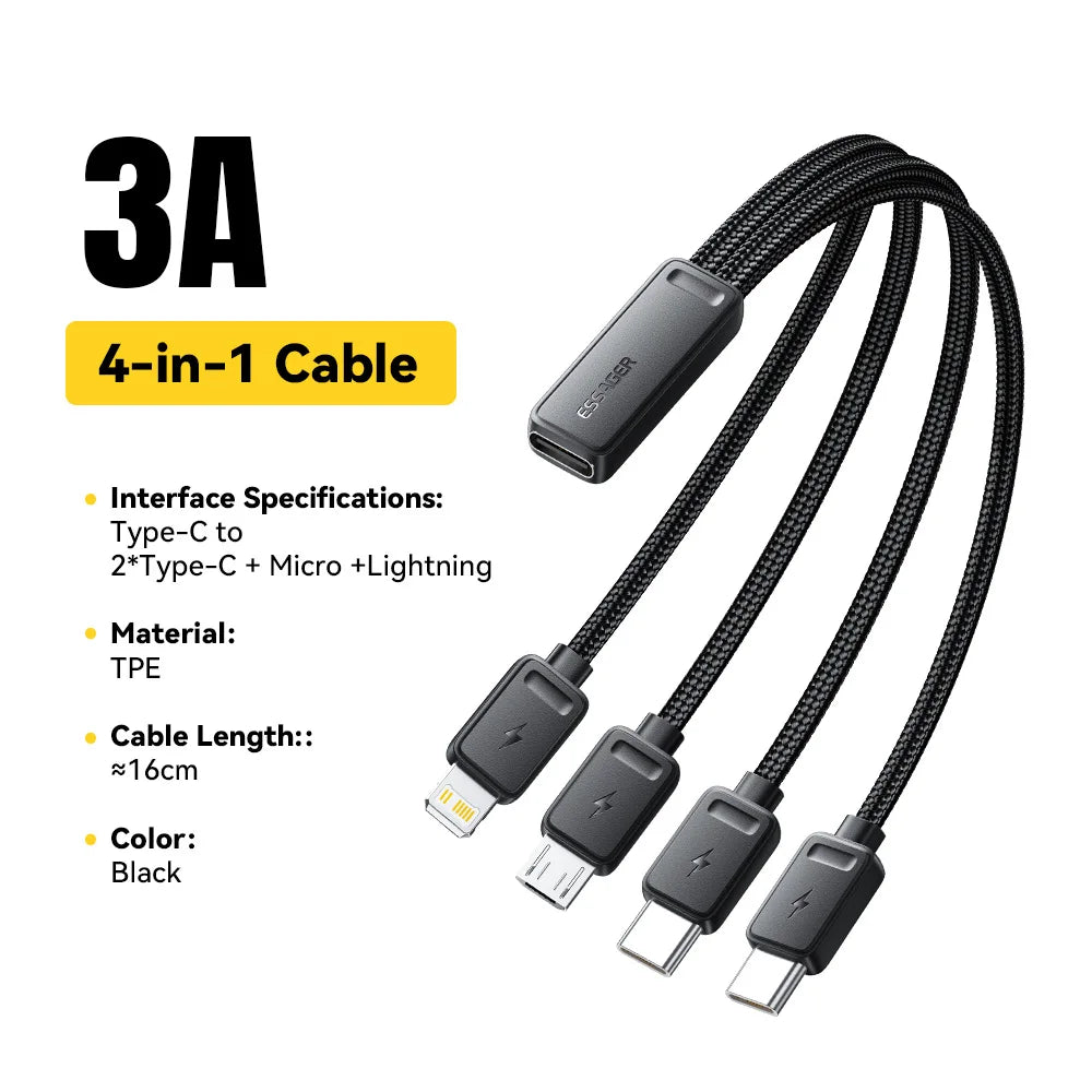 Essager 4-in-1 Fast Charging Portable Cable for Travel Type C Female to Multi USB with 2 Type C Micro And Lightning Adapters